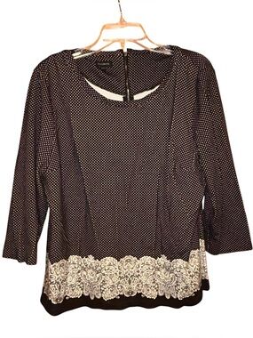 Talbots Polka Dot Blouse Lace Hem XL Black White 3/4 Sleeve Rayon Stretch Top